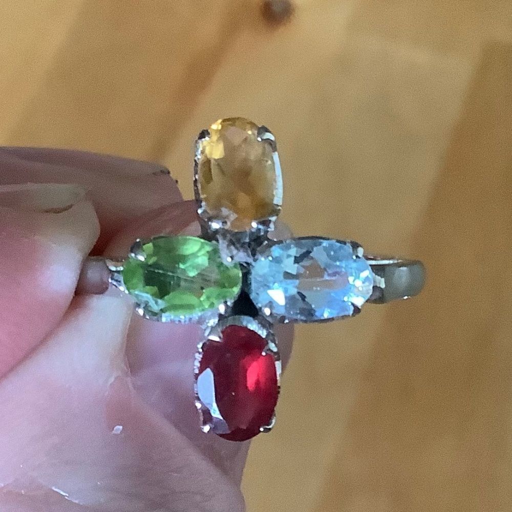 𝅺STERLING SILVER 925 BLUE TOPAZ/GARNET/PERIDOT/CITRINE WOMAN RING SIZE US 8​​